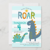 かわいい青い恐竜が踏みつぶす!かじる!咆哮する!男子誕生日 招待状 (正面)