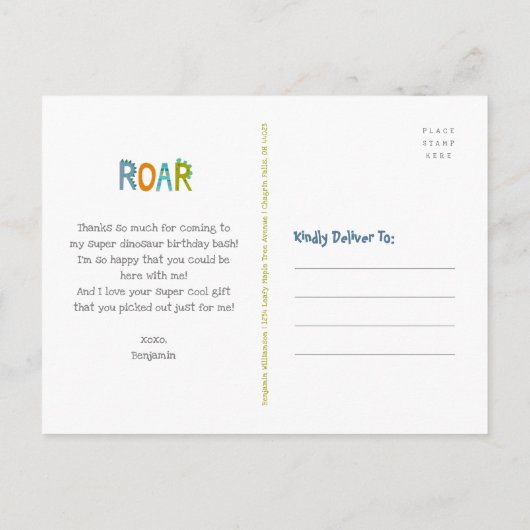 かわいい青い恐竜のかわいい少年誕生日ありがとう ポストカード (裏面)