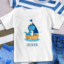 かわいい青い恐竜のボート船長 ベビーTシャツ
