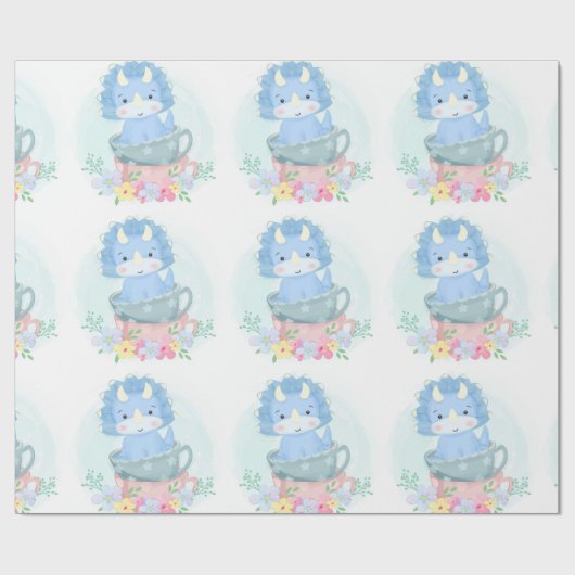 かわいい青い恐竜の中ティーカップボーイ赤ちゃんシャワー ラッピングペーパー (フラット)