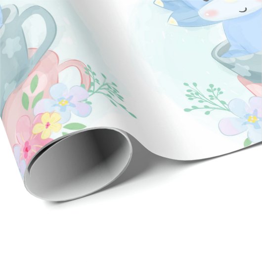 かわいい青い恐竜の中ティーカップボーイ赤ちゃんシャワー ラッピングペーパー (ロールコーナー)