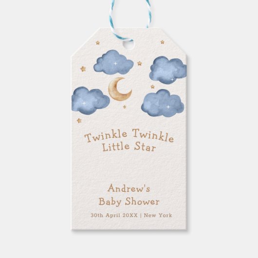 かわいい青い月の星きらめく赤ちゃんシャワー ギフトタグ (正面)