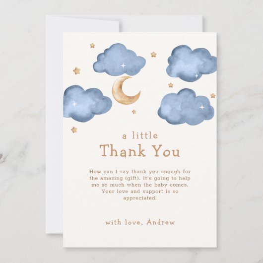 かわいい青い月の星きらめく赤ちゃんシャワー サンキューカード (正面)
