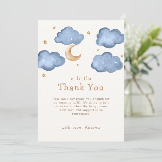 かわいい青い月の星きらめく赤ちゃんシャワー サンキューカード (スタンド正面)
