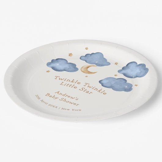 かわいい青い月の星きらめく赤ちゃんシャワー ペーパープレート (アングル)