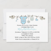 かわいい青い服ライン男の子の赤ちゃんシャワー 招待状 (正面)