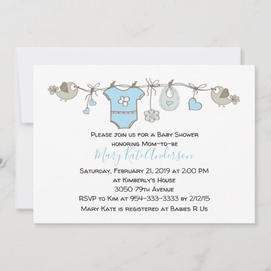 かわいい青い服ライン男の子の赤ちゃんシャワー 招待状 (正面)