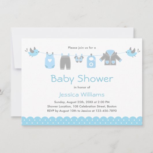 かわいい青い服 |男の子の赤ちゃんシャワー招待状 招待状 (正面)