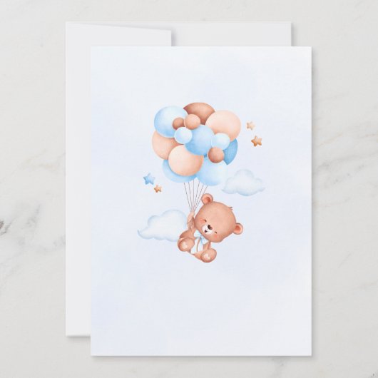 かわいい青い水の色クマのバルーン赤ちゃんシャワー 招待状 (裏面)