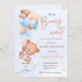 かわいい青い水の色クマのバルーン赤ちゃんシャワー 招待状 (正面/裏面)