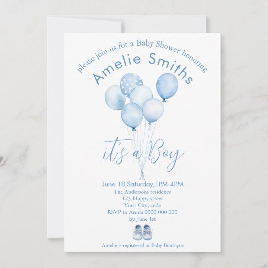 かわいい青い水彩風船ベビーシャワー 招待状 (正面)