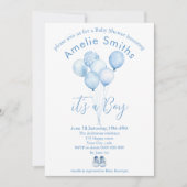 かわいい青い水彩風船赤ちゃんシャワー 招待状 (正面)