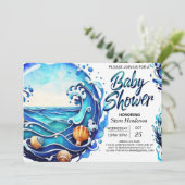 かわいい青い波の水の色ベビーシャワー 招待状 (スタンド正面)