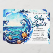 かわいい青い波の水の色ベビーシャワー 招待状 (正面/裏面)