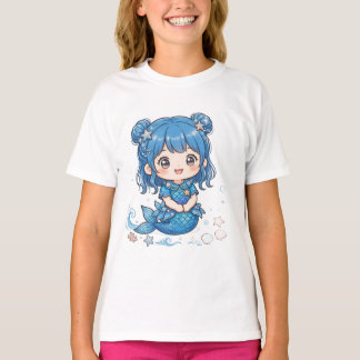 かわいい青い海の人魚女子Tシャツ - かわいいちびキャラ Tシャツ