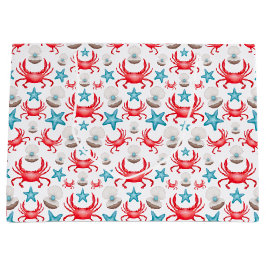 かわいい青い海岸蟹とシェルパターン ラージペーパーバッグ