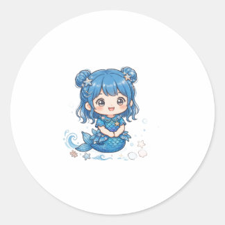 かわいい青い海洋マーメイドガールTシャツ - かわいいちび ラウンドシール