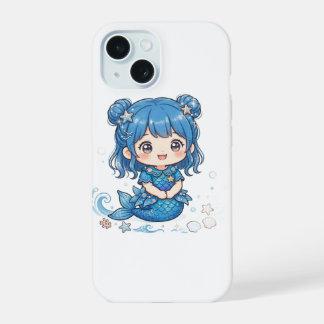 かわいい青い海洋人魚女子Tシャツ - かわいいちびキャラ iPhone 15ケース