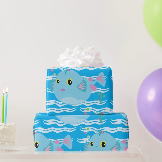 かわいい青い熱帯魚のピンクのヒレ ラッピングペーパー