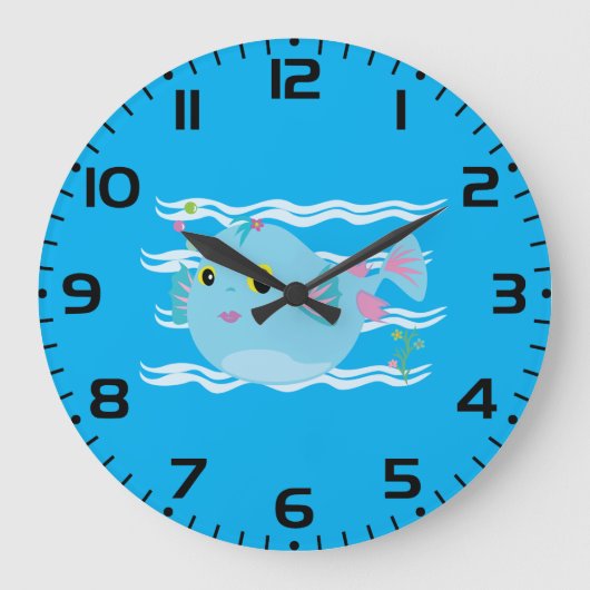 かわいい青い熱帯魚のピンクのヒレ ラージ壁時計 (正面)