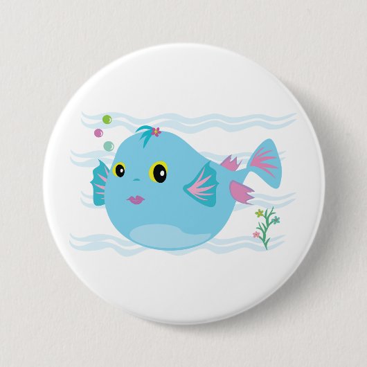 かわいい青い熱帯魚のピンクのヒレ 缶バッジ (正面)