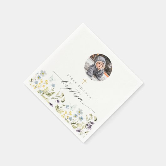 かわいい青い牧草地フローラ蝶の写真バプテスマ スタンダードカクテルナプキン (角)