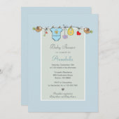 かわいい青い物干しラインで本の赤ちゃんシャワーを持参 招待状 (正面/裏面)