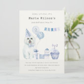 かわいい青い犬の誕生日写真パーティー招待状（あらゆる年齢に対応） サンキューカード (スタンド正面)