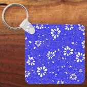 かわいい青い白いクラシックの花のパターン キーホルダー (正面)