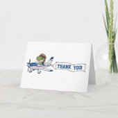 かわいい青い白い飛行機&恐竜子供の誕生日 サンキューカード (正面)