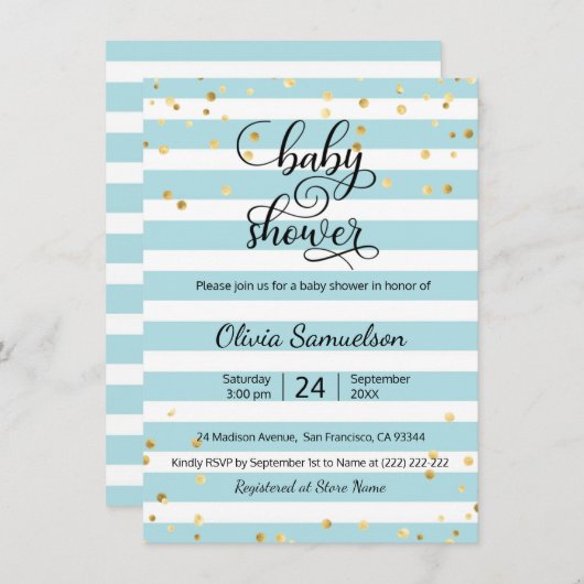 かわいい青い白ストライプ金ゴールド男の子シャワー 招待状 (正面/裏面)