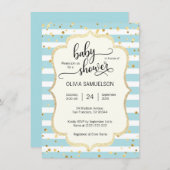 かわいい青い白ストライプ金ゴールド男の子シャワー 招待状 (正面/裏面)