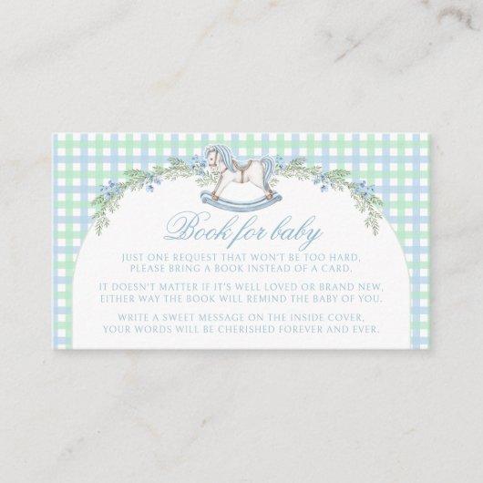 かわいい青い緑のギンガムブック男の赤ちゃんシャワー エンクロージャーカード (正面)