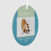 かわいい青い緑の初めてのクリスマス子犬の写真 オーナメント (正面)