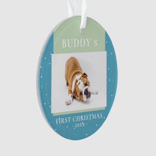 かわいい青い緑の初めてのクリスマス子犬の写真 オーナメント (正面)