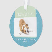 かわいい青い緑の初めてのクリスマス子犬の写真 オーナメント (正面)