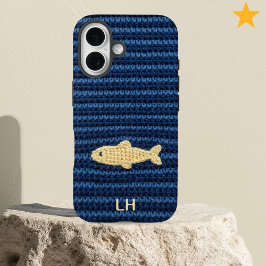 かわいい青い編み魚の糸でできたカスタムネーム iPhone 16ケース