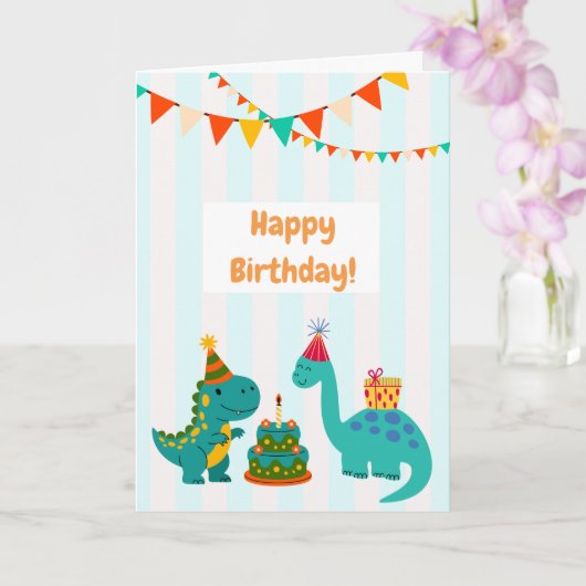 かわいい青い縞模様の恐竜の誕生日カード カード (蘭)