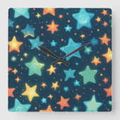 かわいい青い背景に輝く星たち スクエア壁時計 (正面)