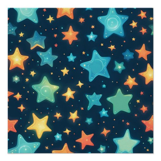 かわいい青い背景に輝く星たち ポスター (正面)