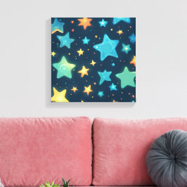 かわいい青い背景に輝く星 キャンバスプリント