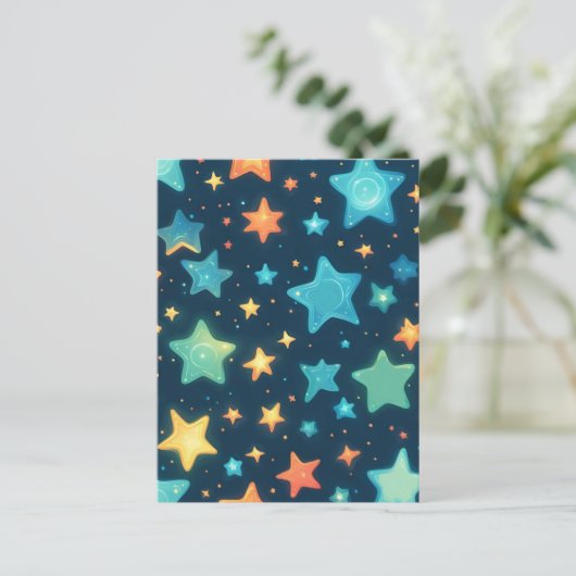 かわいい青い背景に輝く星 ポストカード (スタンド正面)