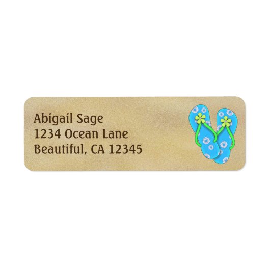 かわいい青い花のビーチサンダルオンサンドビーチアドレス ラベル (正面)