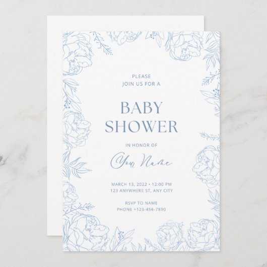 かわいい青い花のベイビーシャワー招待状 招待状 (正面/裏面)