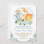 かわいい青い花ジャングルサファリボーイベイビーシャワー 招待状 (正面)