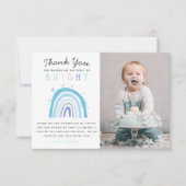 かわいい青い虹の少年の誕生日パーティーの写真 サンキューカード (正面)