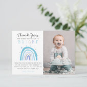 かわいい青い虹の少年の誕生日パーティーの写真 サンキューカード (スタンド正面)