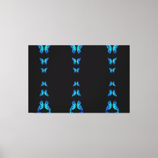 かわいい青い蝶々 ブラック ミッドナイト カラー キャンバスプリント (正面)