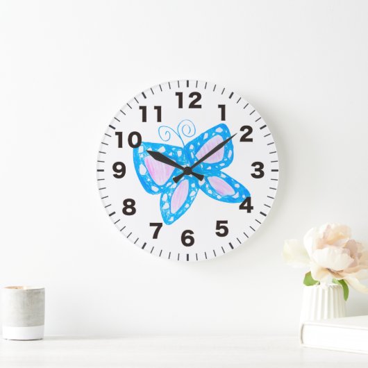 かわいい青い蝶の時計 ラージ壁時計 (ホーム)