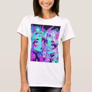 かわいい青い角のあるエイリアンツインズアニメガール Tシャツ